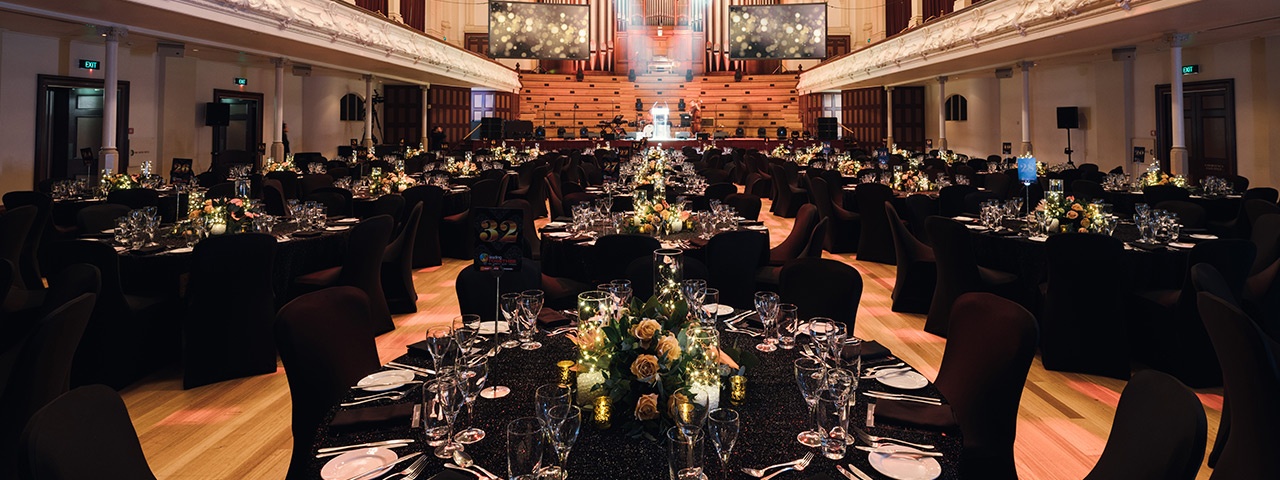 HB-ACB-Town-Hall-great-hall-banquet-1280x480 Auckland Town Hall's great hall set up for a banquet dinner.