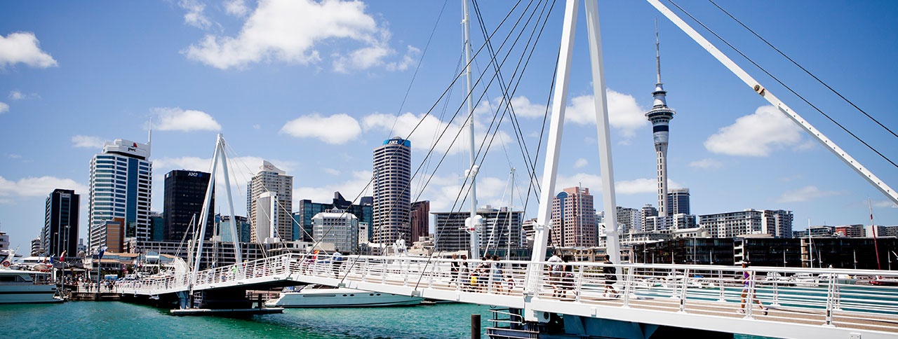 Viaduct Harbour and bridge Auckland city skyline and Viaduct Harbour and bridge on a sunny day