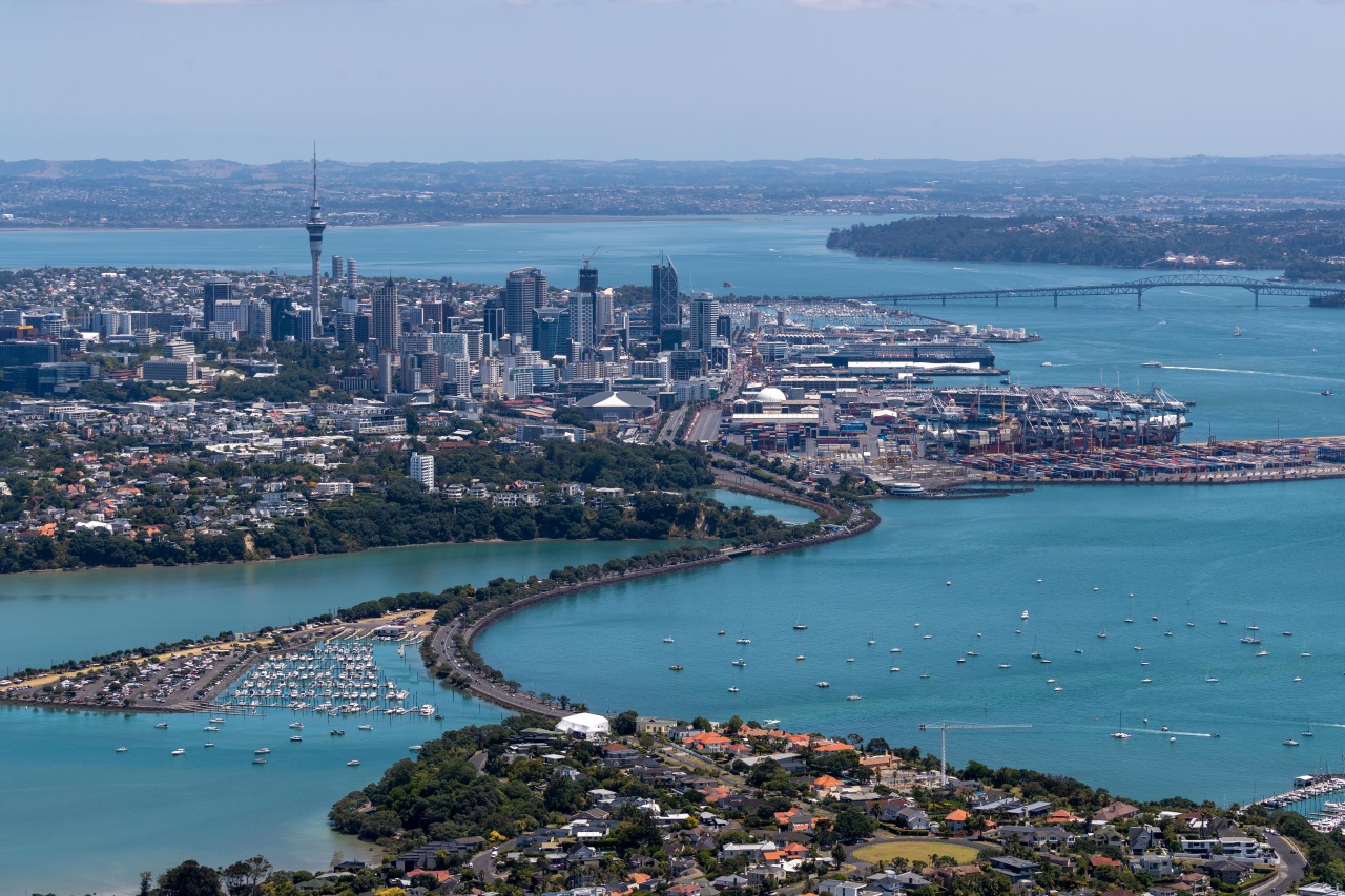 Auckland City Skyline from above Bastian Point with Sky Tower and Harbour Bridge and boats beneath Auckland City Skyline