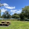 Picnic table in the middle of a green park